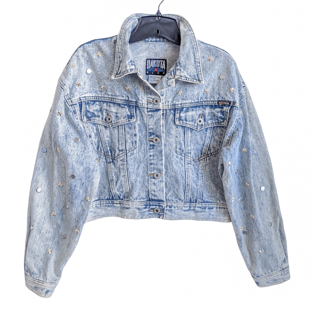DAKOTA BLUE Vintage 80's Studded Beaded Fringe Cropped Light Wash Denim Jacket